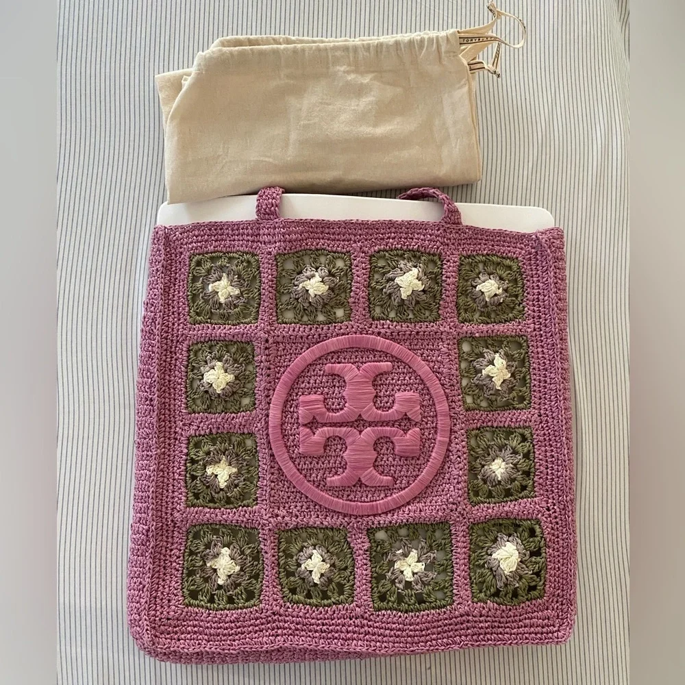 Tory Burch Pink & Green Raffia Hand Crochet Tote Bag